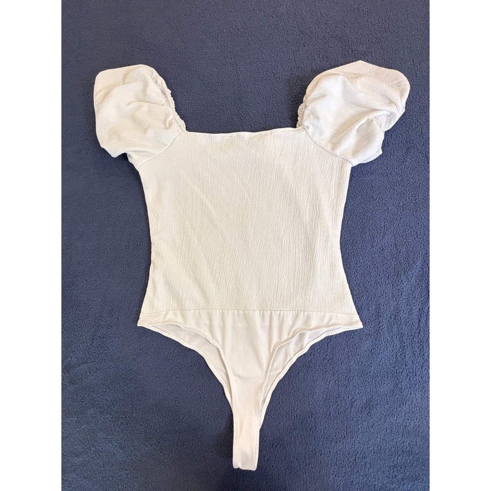 Francescas White Puff Sleeve Bodysuit Square Neck Textured Thong Large
